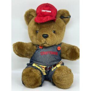 VTG Craftsman Teddy Bear With Denim Overalls Red Hat Plush Collectible 10" Tall